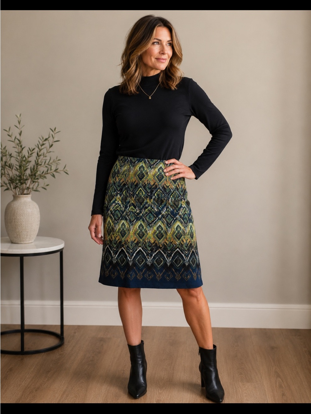 J. Jill Navy and Green Diamond-Print Midi Skirt